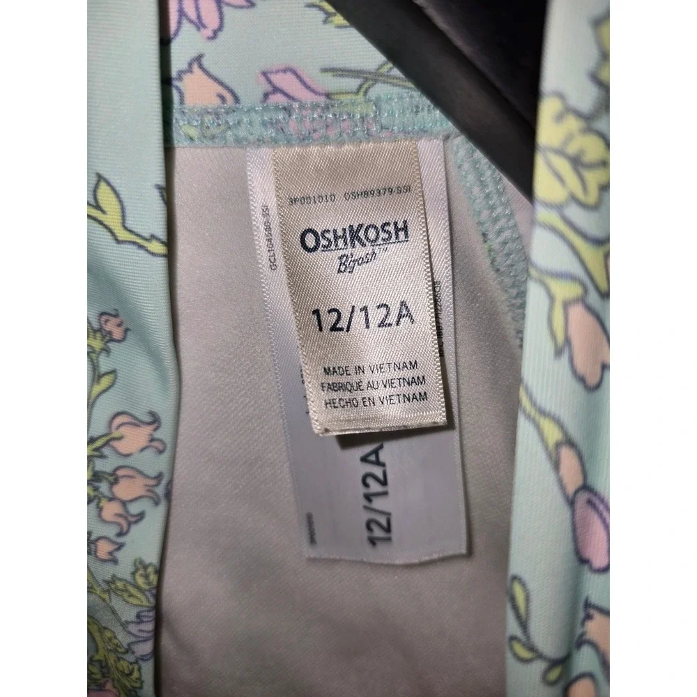 OshKosh Girls Mint Floral‎ Long Sleeve One Piece Rash Guard Swimsuit Size 12 12A